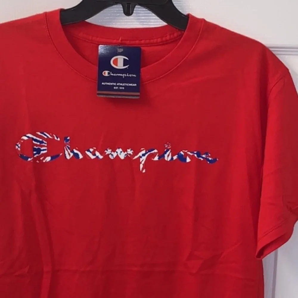 Champion Patriotic Script Logo Tee Red White Blue Tie Dye NWT Medium - Picture 8 of 9